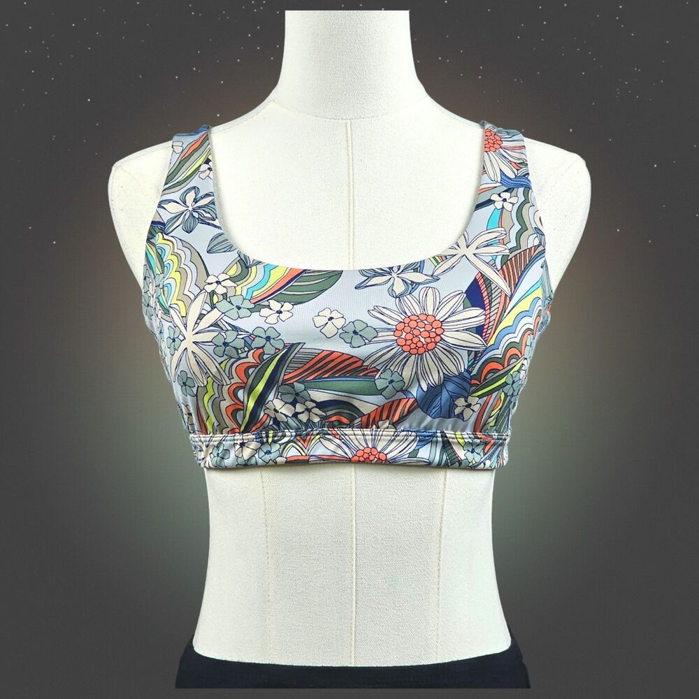 Victoria Sport Strappy Cage Back Sports Bra Retro Floral Psychedelic Print  M